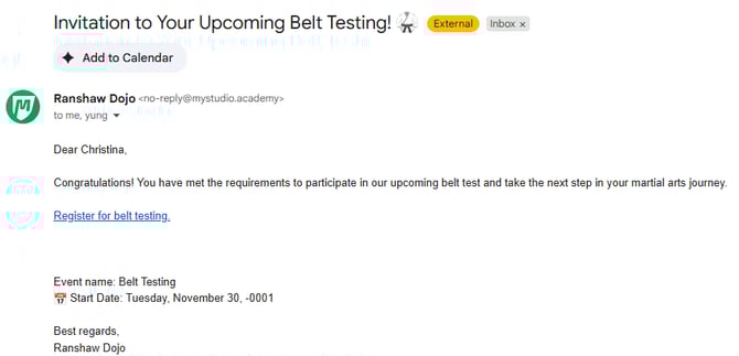 Belt Test invite