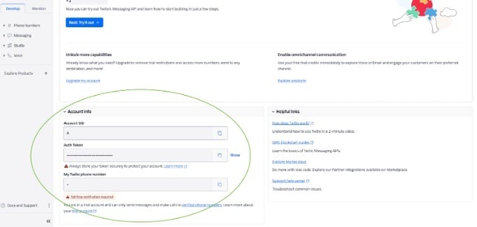 Account SID and auth token