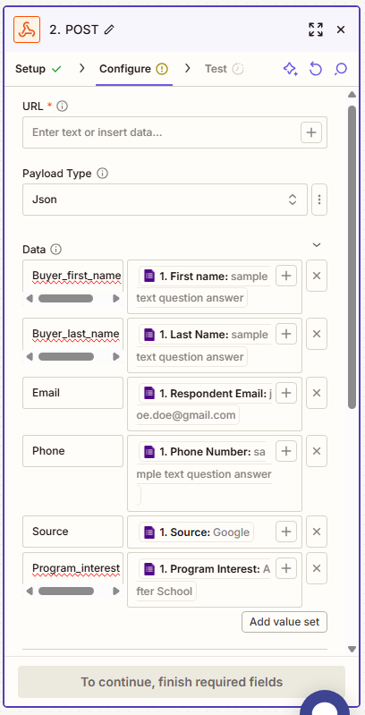 Webhook action configure