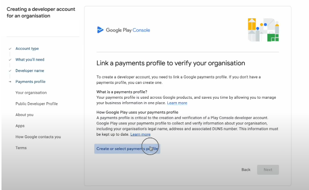 create or select payments profile