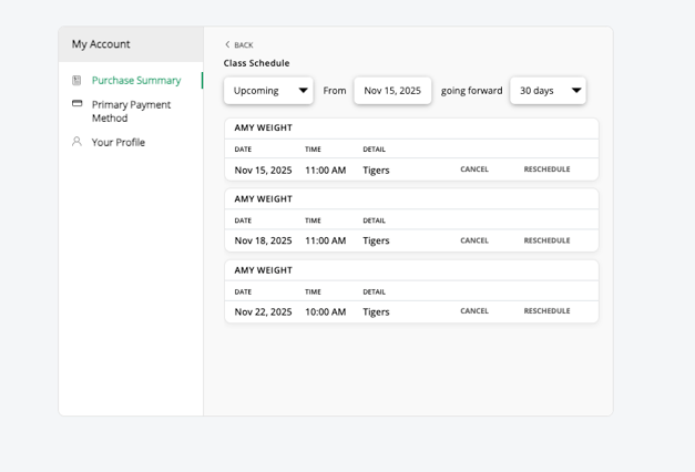 Purchase Summary > Class Schedule