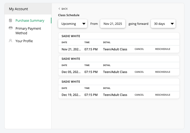 Class Schedule after cancel