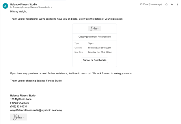 Email sent with rescheduled info