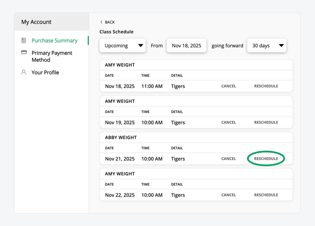 Web App Purchase Summary - Class Schedule