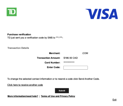 TD Bank Enter Verification Code