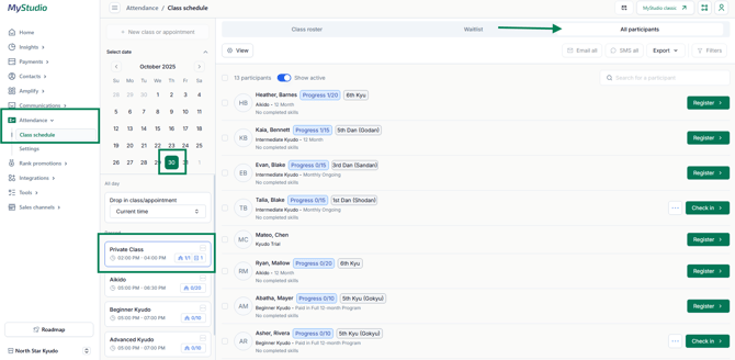 Access all participants for class schedule
