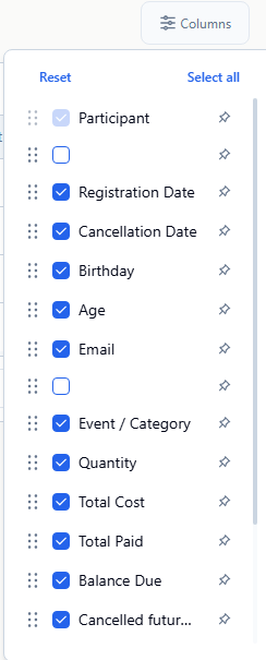 event participant columns