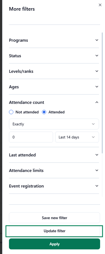 membership participants update filter