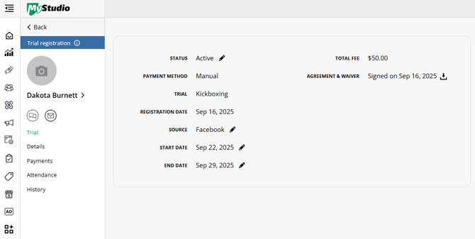 edit trial participant registration