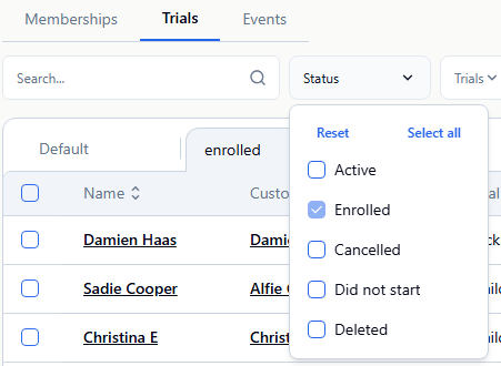 trial participant status filter