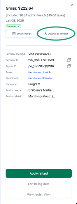 Download receipt button