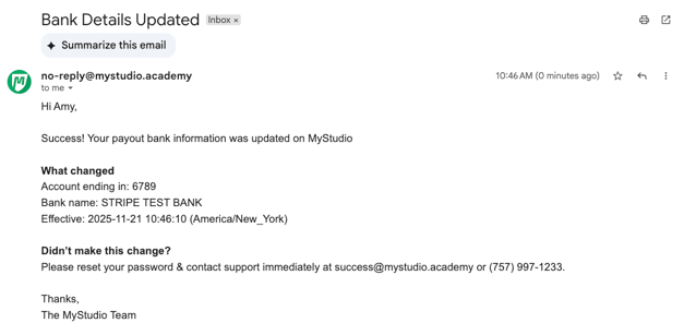Bank account payout email confirmation