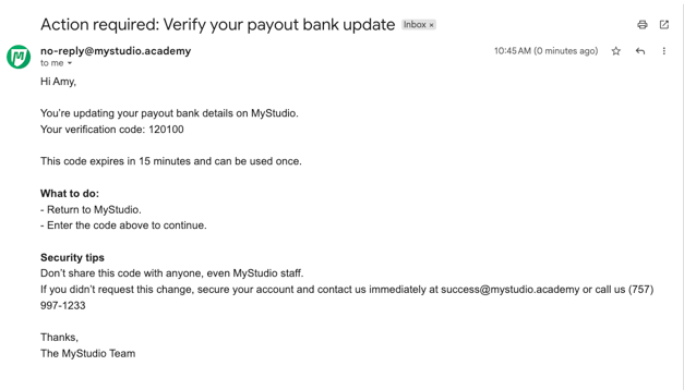 Update Bank Account for Payout - Verification Code Email